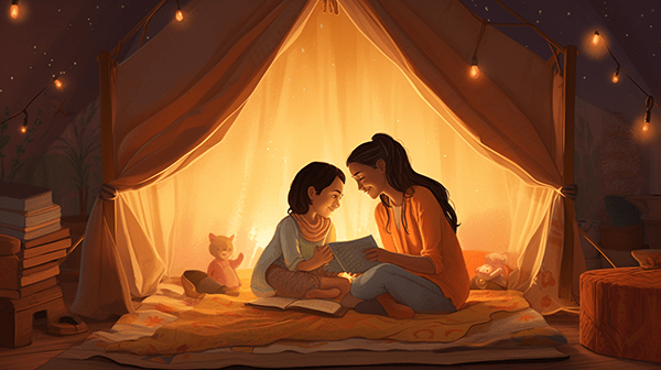 Mother and child in blanket fort
