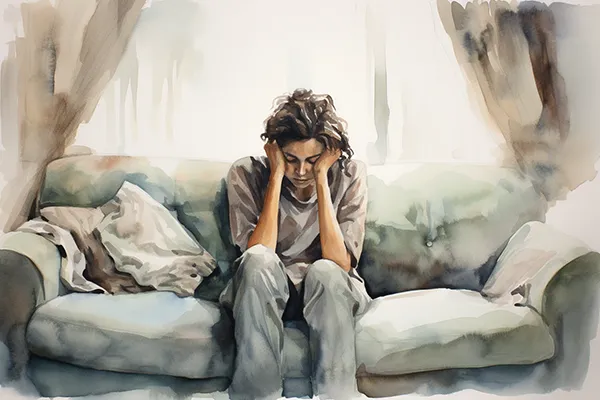 An image of a young adult sitting on a couch with their hands covering their face for Depression therapy and adult therapy at the Texas Insight center