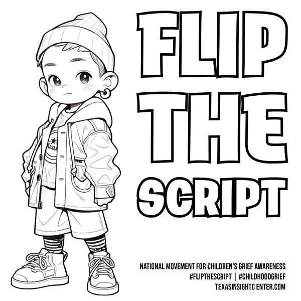 Coloring page of a child wearing a beanie next to the title Flip The Script 