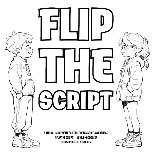 Coloring page of two children facing each other next to the title Flip The Script 