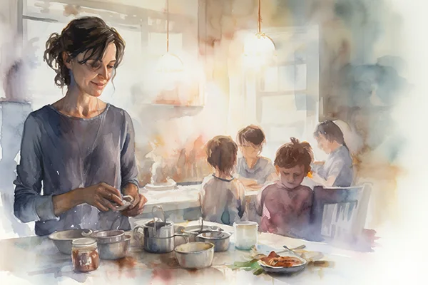 Image of a mother making food for her children in the kitchen. 