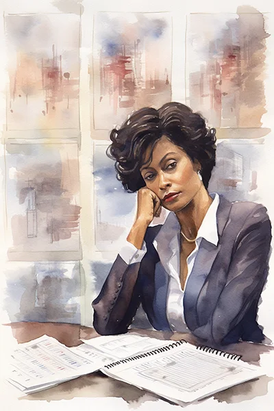 Image of a woman in a suit looking at a calendar, pensive expression with feelings of anxiety on the anxiety therapy in Houston landing page for Texas insight center and Danny Clark, LCSW