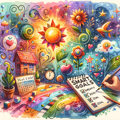 Colorful watercolor painting depicting New Year's Resolutions and how to create smart goals.  