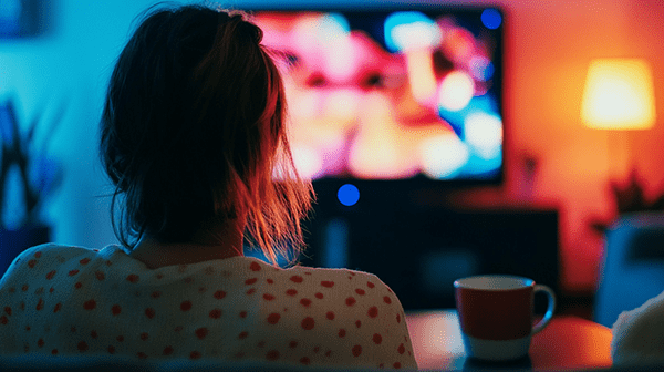 An image of a woman sitting and watching tv with a cup of coffee on the table for a blog about watching tv to reduce anxiety.